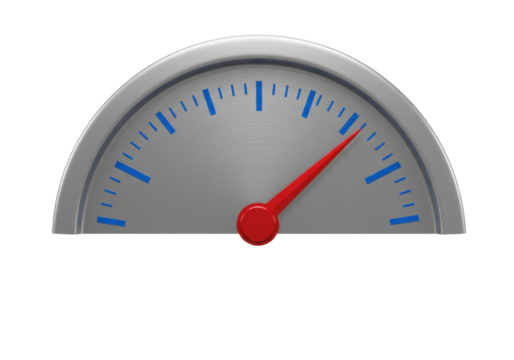 Silver speedometer with red needle isolated on white, gauge meter in PNG format for graphic design and performance measurement