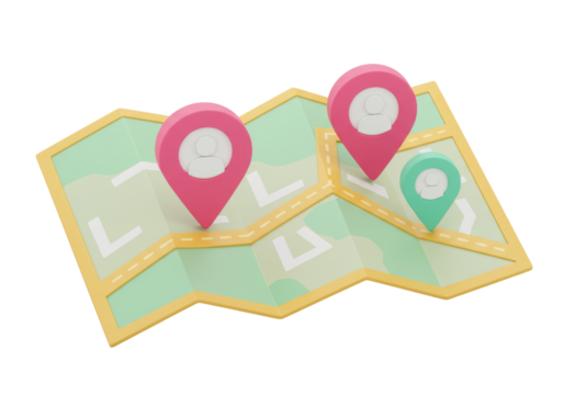 Colorful map with location pins isolated on transparent background, navigation and travel concept in PNG format