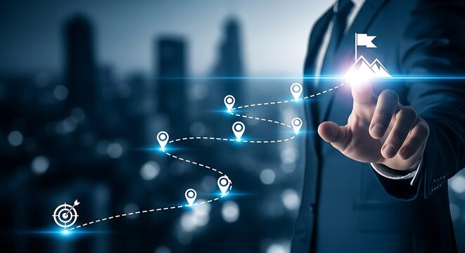 Businessman s hand touching a glowing digital interface displaying a network of connected people and locations on a city skyline background representing global connections and digital strategy