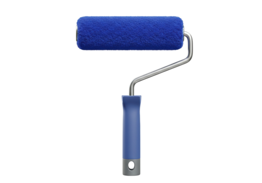 Blue paint roller isolated on transparent background, painting tool for home improvement and construction projects PNG