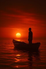 scene of calm sea glowing horizon and lone man standing quietly under evening sky