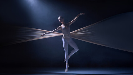 Obraz premium Ballet dancer poised midair entangled in fabric wings illuminated by soft light. Concept of artistic movement, costume flexibility, and physical performance in professional ballet.