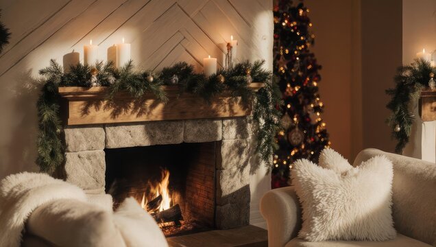 Cozy Christmas Fireplace Scene with Decorated Mantel and Tree.