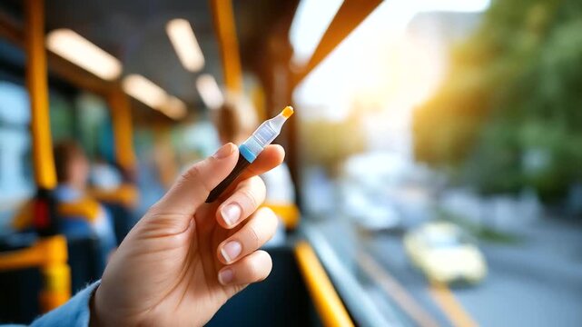 A person testing blood sugar on a bus, managing diabetes in a public setting, blood sugar public transport, glucometer outdoor check, diabetes health management, public health scen