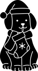 Cute dog wearing Christmas hat and scarf biting holiday stocking silhouette.
Puppy dressed for Christmas isolated.
Transparent background.