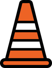 Bold Orange and White Striped Traffic Cone with Black Outlines, Safety Symbol.
