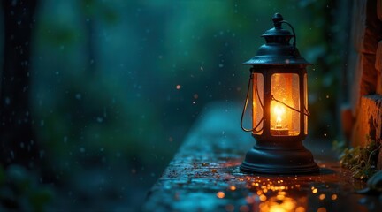 A vintage lantern casts its warm, inviting glow upon a wet, textured surface during a soft, gentle rain shower, creating serene reflections and a comforting ambiance in the tranquil outdoors.