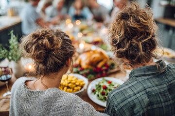 Family gathers around a festive table to share a meal during a joyful gathering in Thanksgiving day