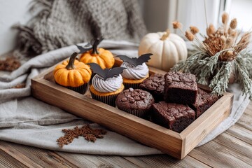 Fototapeta premium Rustic wooden tray filled with seasonal treats including bat-shaped cookies, pumpkin muffins, and brownies perfect for fall gatherings