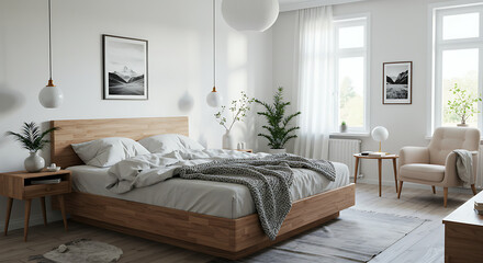 Fototapeta premium Sunlit modern bedroom interior featuring a natural wood bed, minimalist decor, and a cozy, tranquil atmosphere