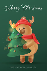 3D Style Cute Reindeer Hugging Christmas Tree in Green Background. Merry Christmas Greeting Card Vector Illustration