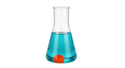Isolated Erlenmeyer flask with turquoise liquid and orange sphere experiment, research