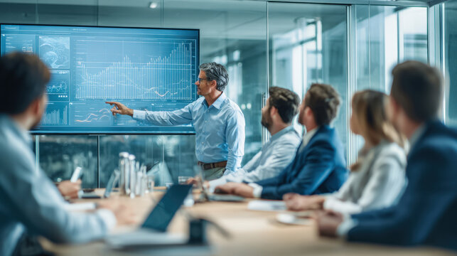 Executive giving a data-driven presentation on a large digital screen to colleagues in a modern office boardroom. Ideal for finance, technology, analytics, corporate strategy, training