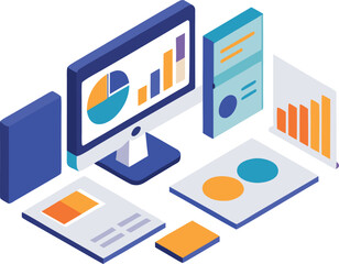 Fototapeta premium Isometric office workstation setup with dual monitors charts and data visualization vector illustration
