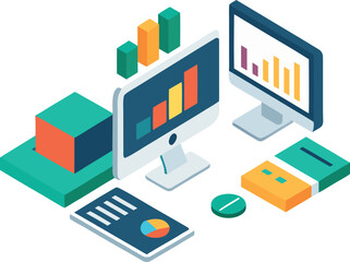 Isometric office workstation dual monitors charts data analysis vector eps scalable