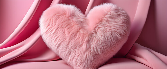 Soft pink heart shaped pillow covered in fluffy fur. Cozy pink cushion with heart design and plush texture. Fluffy heart pillow draped with soft pink fabric. Romantic pink heart cushion.