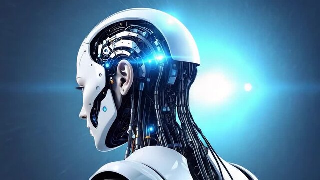 Sleek white humanoid robot head with exposed blue-lit internal circuitry against a gradient blue background
