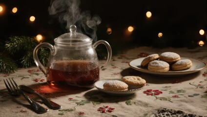 Fototapeta premium Cozy Tea Time - Steaming Teapot and Delicious Cookies.