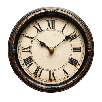 Vintage wall clock with Roman numerals, antique round timepiece in gold and black, classic home decor accent isolated PNG with Transparent Background