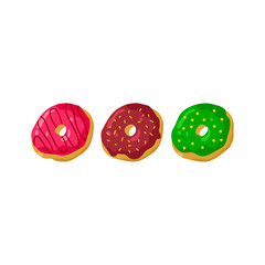Colorful Donuts with Icing and Sprinkles – Sweet Dessert Trio on Clean White Background