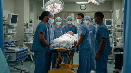 Realistic medical team transporting patient on gurney during surgery - Powered by Adobe