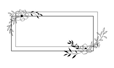 Floral black and white frame of twigs, leaves and flowers. Frames for the Valentine's day, wedding decor, logo and identity template.