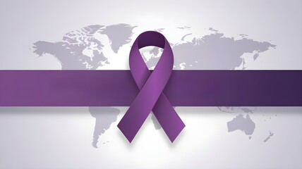 Purple Ribbon on World Map Symbol of Global Awareness and Support