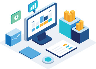 Isometric office workstation with dual monitors and data visualization vector illustration