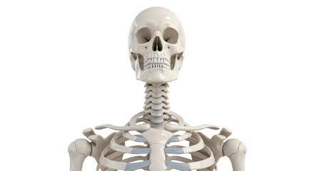 Isolated human anatomy model depicting the skeletal bones of the head, neck, and shoulders