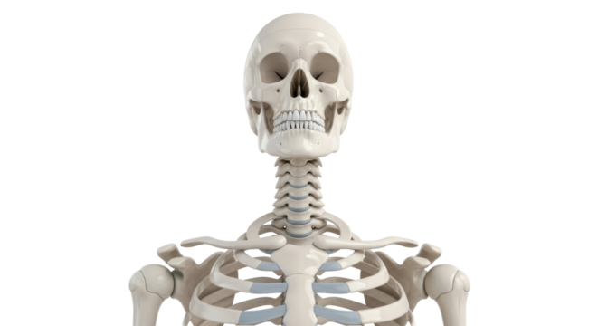 Isolated human anatomy model depicting the skeletal bones of the head, neck, and shoulders