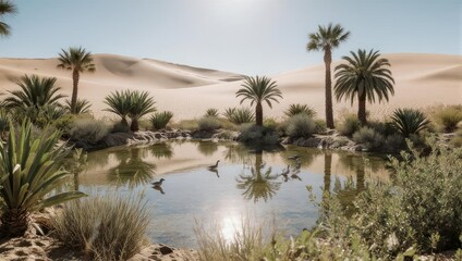 Obraz premium Desert oasis scene with clear water, palm trees, sand dunes, and birds bathing under sunlight