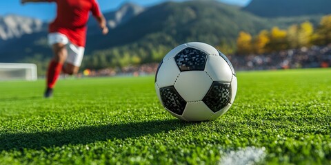 Soccer Celebration on the Field with Stunning Mountains in the Background, Action-Packed Scene