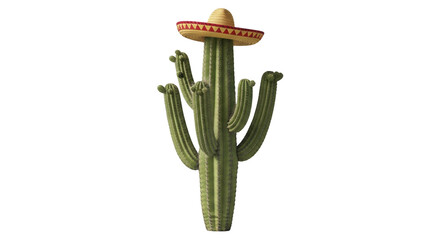 Isolated saguaro cactus wearing straw Mexican hat, symbol of western desert culture, arid land