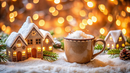 Mug snowy village christmas decoration light holiday cozy scene with glowing houses and cup of hot drink in snow