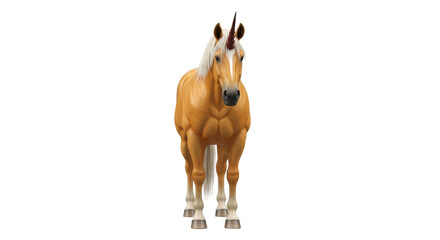 Isolated palomino unicorn standing four on the floor looking towards the viewer in studio shot