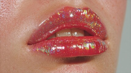Close-up of sparkling red lips with glitter gloss