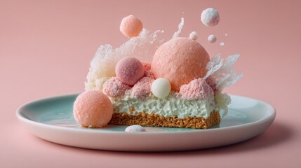 Dessert styled with delicate sugar art placed on top, modern plating, pastel backdrop, copy space