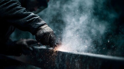 A close up of a worker s gloved hands performing industrial welding on a metal beam creating bright sparks and smoke