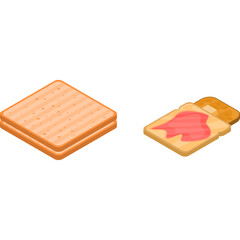 Two Isometric Slices of Toast Bread One Plain and One Spread With Red Jam on a Transparent Background