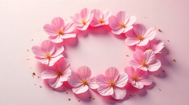 Delicate light pink petals forming an elegant circular border with subtle golden specks scattered on a charming gentle monochromatic background creating a beautiful soft floral frame.