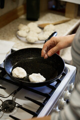 Senior Christmas cook prepares tasty pancake at home