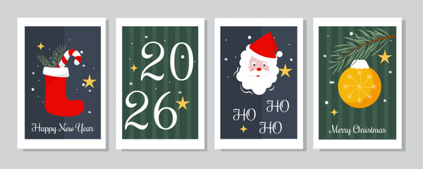 Fototapeta premium Set of vertical greeting cards with Merry Christmas and Happy New Year 2026. Vector illustration.
