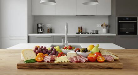 A vibrant charcuterie board laden with fruits, cheeses, and meats, in a modern kitchen setting