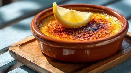 Single Crema Catalana in terracotta dish with lemon slice garnish, Mediterranean stone background, natural outdoor light, copy space