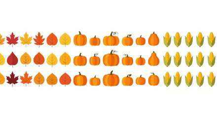 Autumn harvest vector graphics collection with diverse fall leaves, traditional pumpkins, and natural corn elements, ideal for seasonal designs