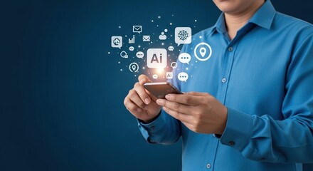  Corporate professional in blue shirt using smartphone with floating AI icons and chat interface, torso shot, business technology communication concept, dark blue background