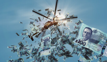 Belize dollar BZD 100 banknotes helicopter money dropping 3d illustration