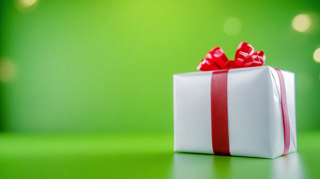 A beautifully wrapped gift box with a vibrant red ribbon, perfect for celebrations and special occasions.
