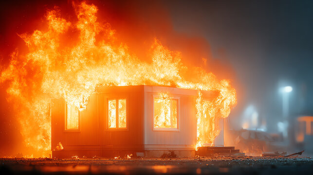 A building engulfed in flames, illuminating the night with intense fire. A striking image reflecting disaster and urgency.