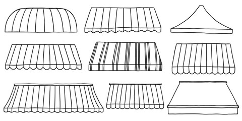 Canopy Awning Shop Roof Doodle Set. Black and White Stripe Tent Store Collection. Vector Illustration